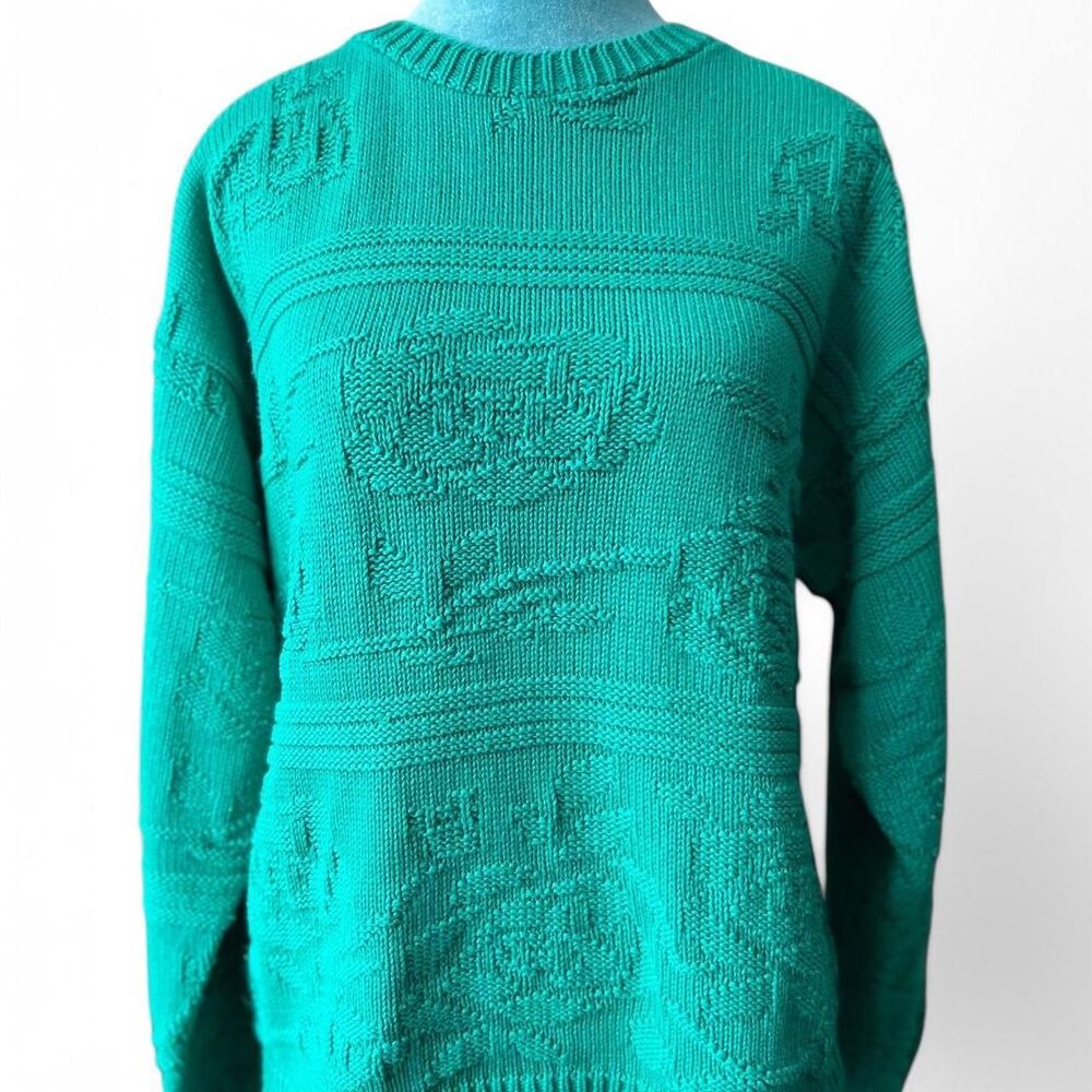 Vintage 90s Whimsical Grandma Floral Knit Sweater Mint Green Traffic Made in USA